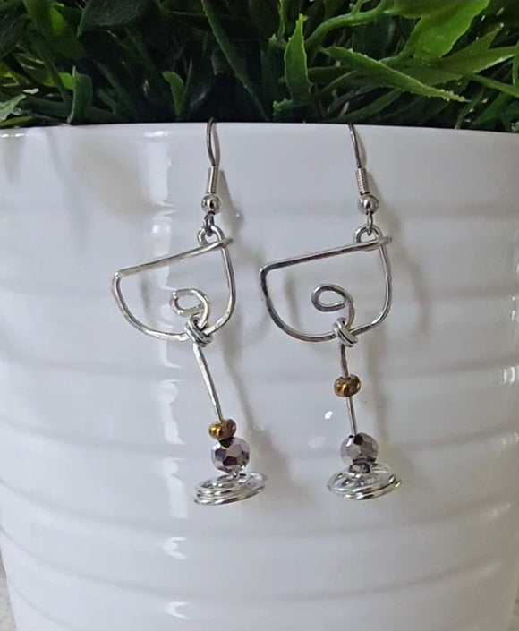 Wine glass earrings-silver&gold beads